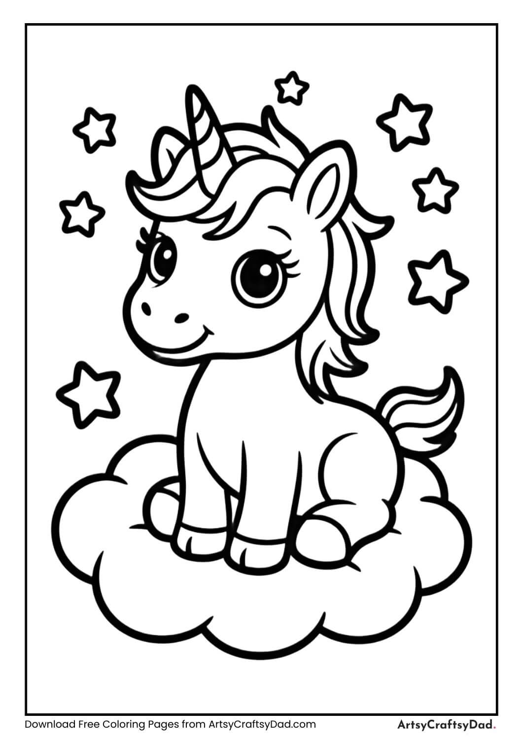 cute baby unicorn sitting on cloud with stars coloring page