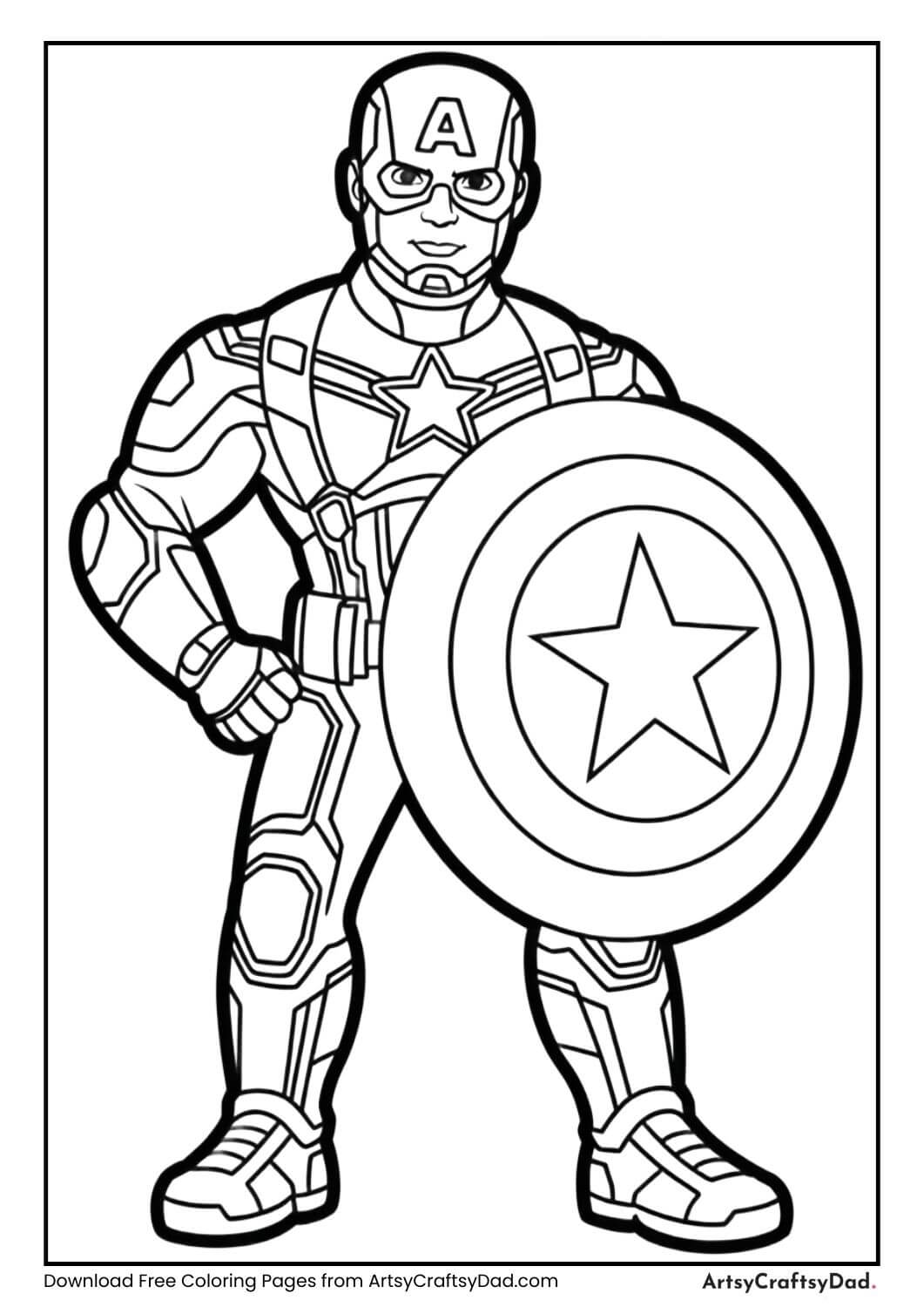 Captain America holding shield coloring page for kids