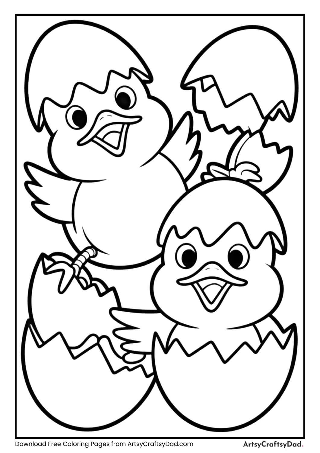 Smiling Easter chicks hatching from eggs coloring page