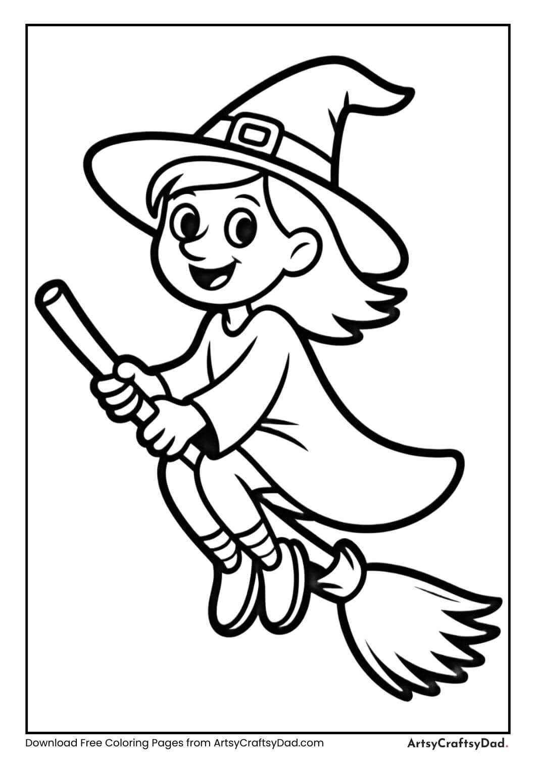 Friendly witch flying on broom Halloween coloring page