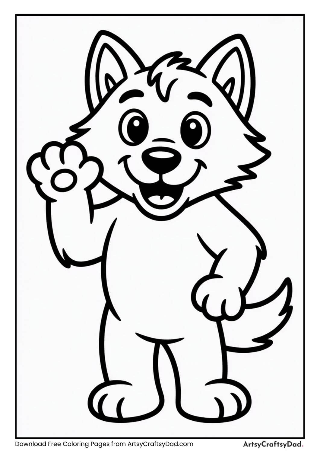 Friendly wolf waving black and white coloring page