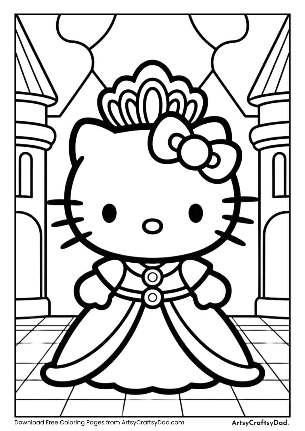 Hello Kitty dressed as a princess in front of a castle coloring page
