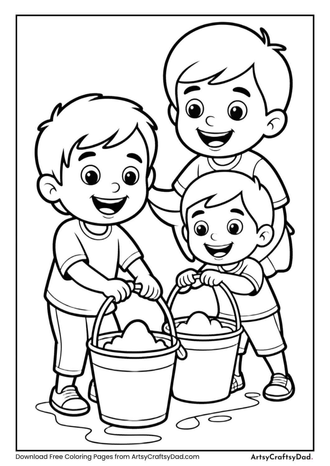 Kids holding buckets of colors Holi coloring page