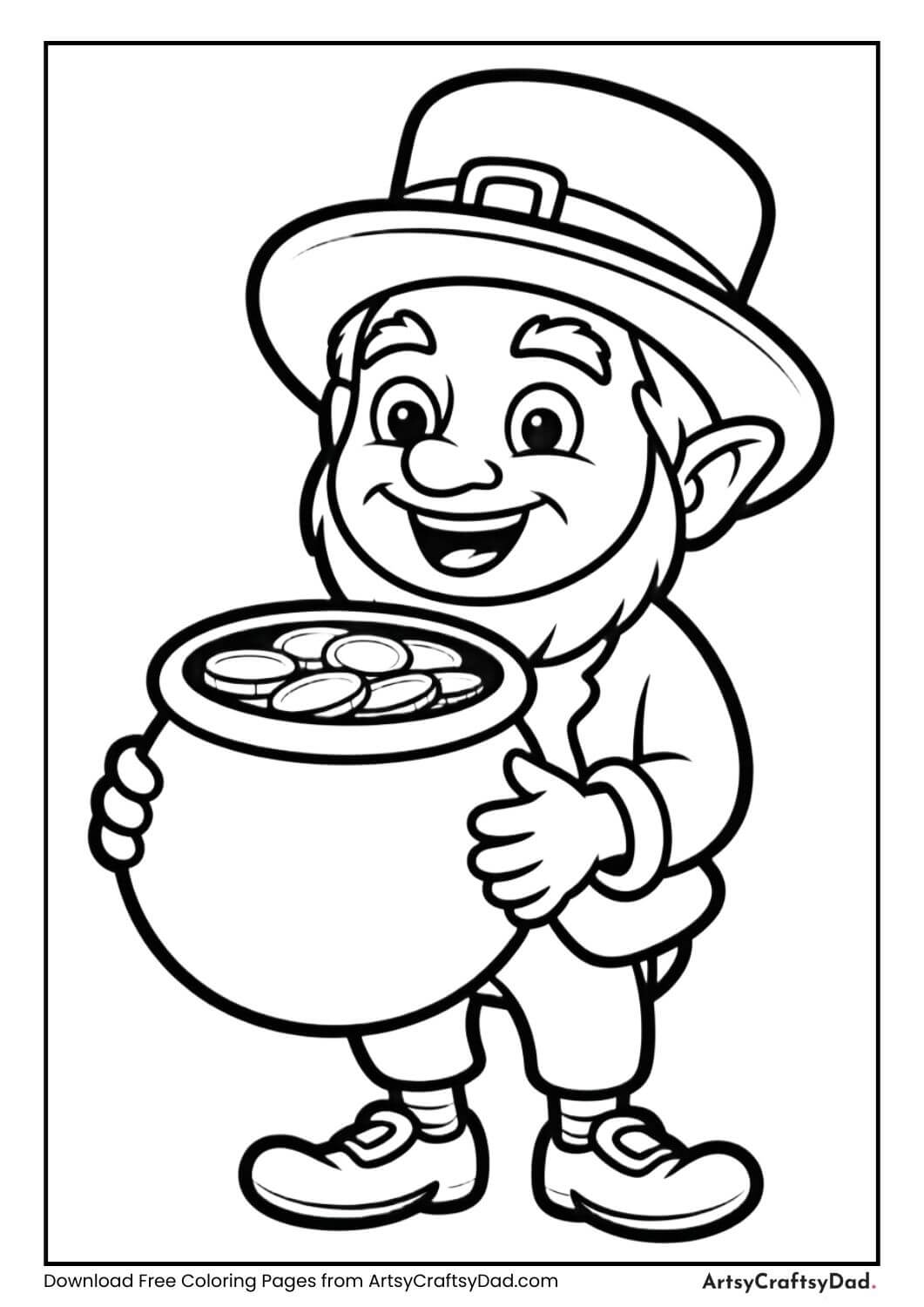 Leprechaun holding a pot of gold St. Patrick’s Day coloring page