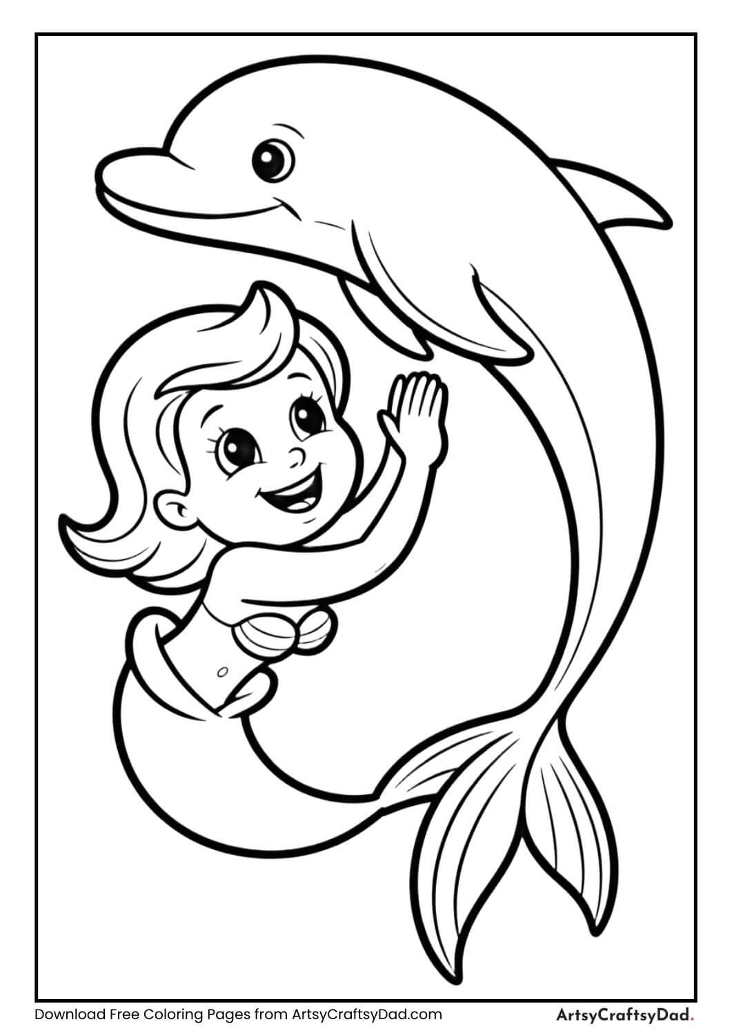 Cute mermaid and dolphin undersea coloring sheet for kids