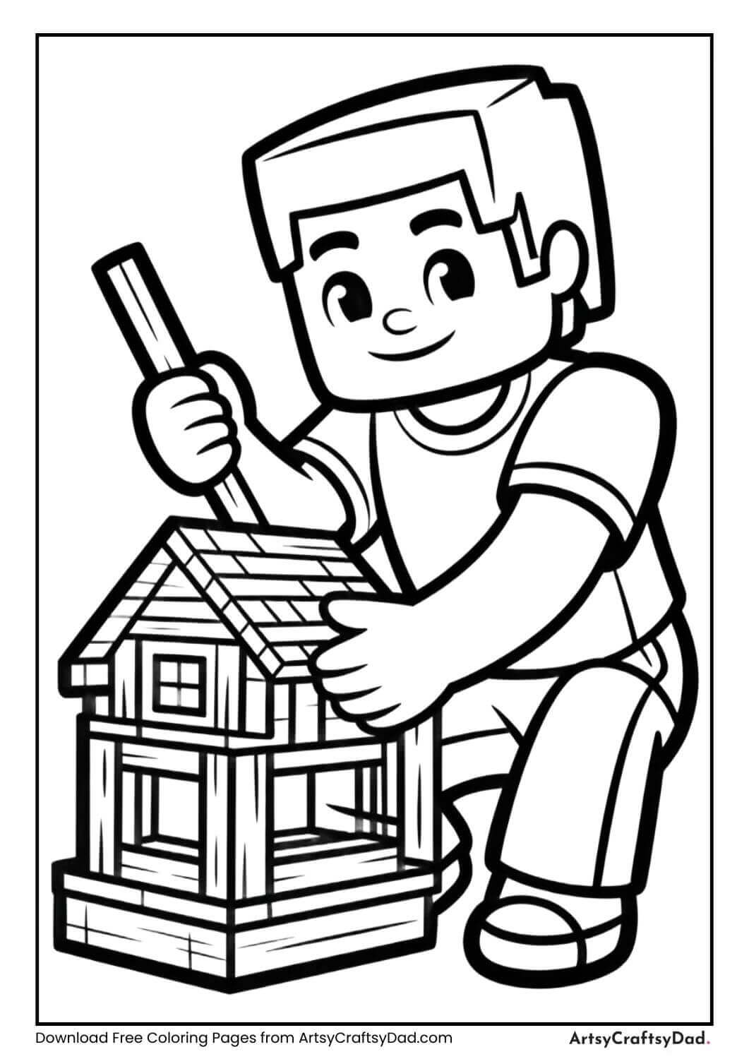 Alex building a wooden house coloring page