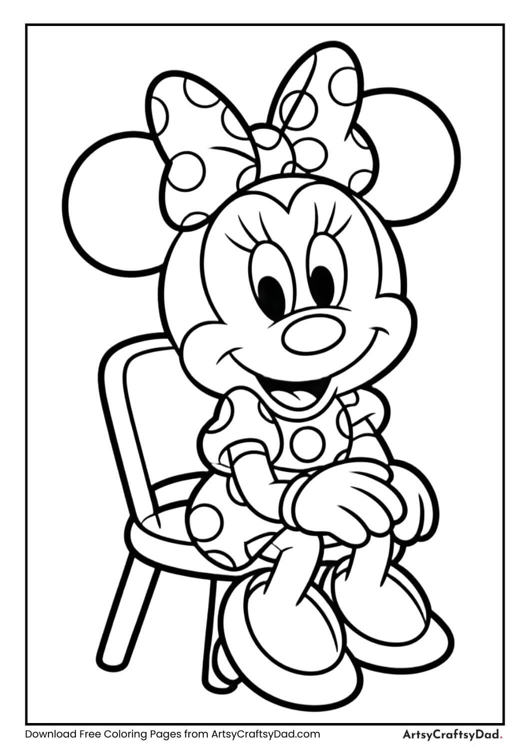 Black and white Minnie Mouse sitting on a chair coloring page for kids