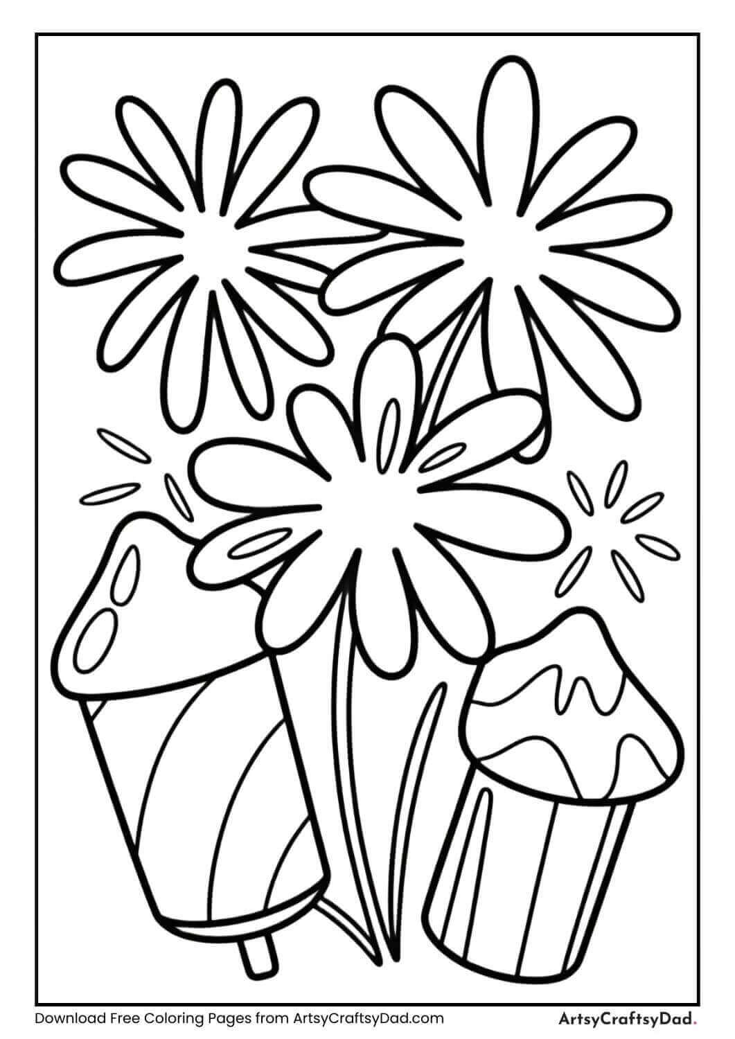 New Year fireworks black and white coloring page