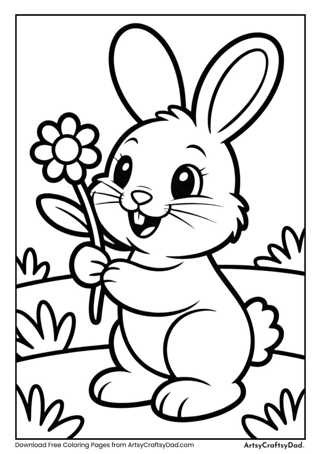 Cute bunny holding a flower spring coloring page