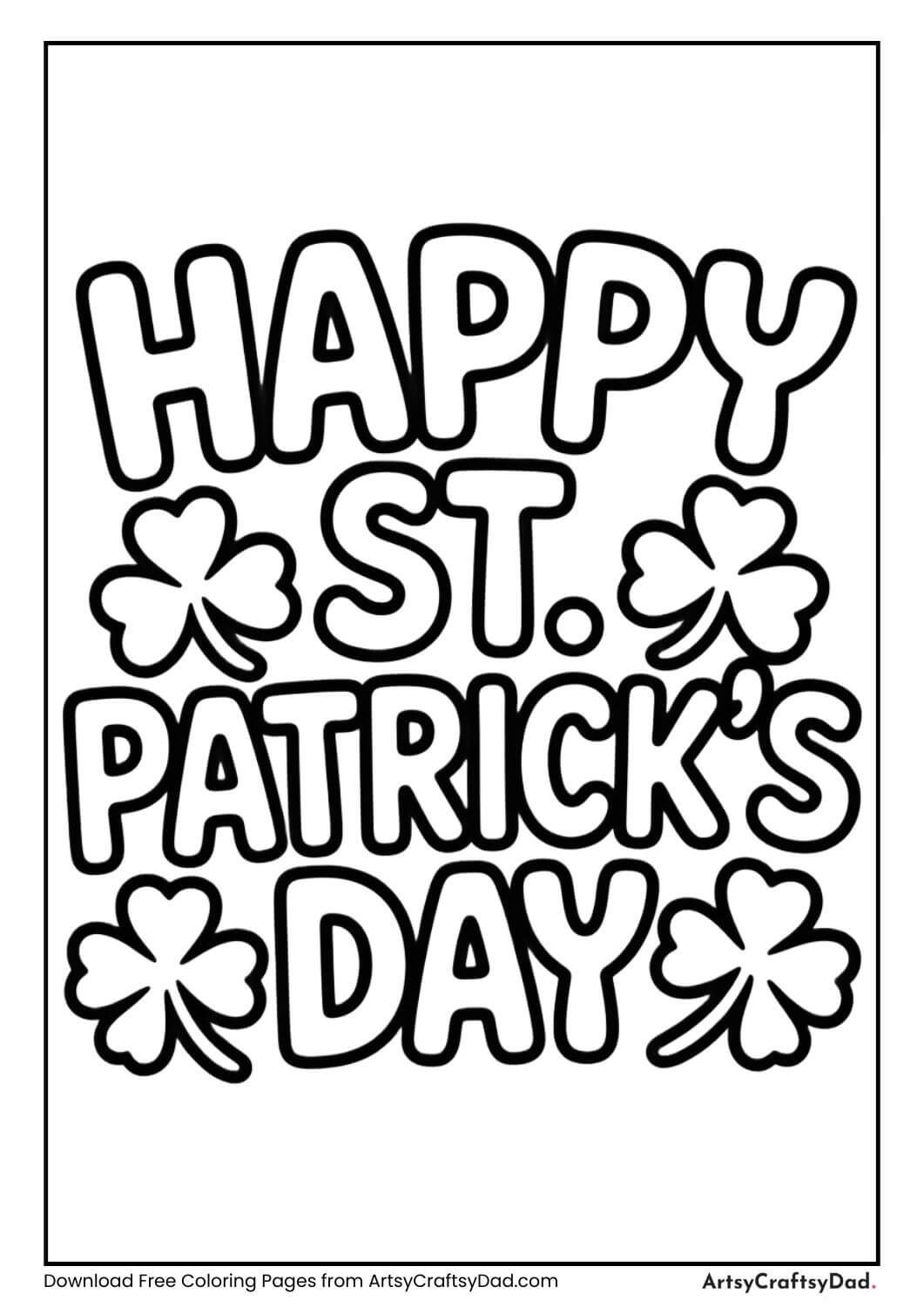Happy St. Patrick’s Day text with shamrocks coloring page