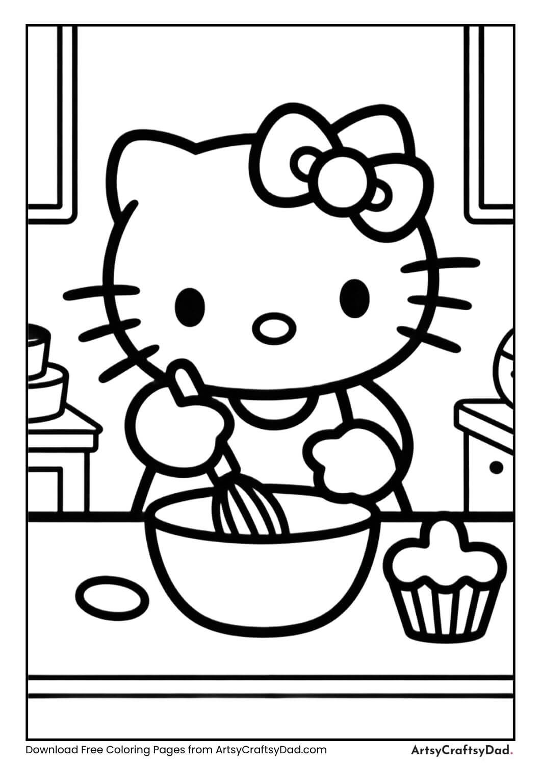 Hello Kitty baking cupcakes in kitchen coloring page