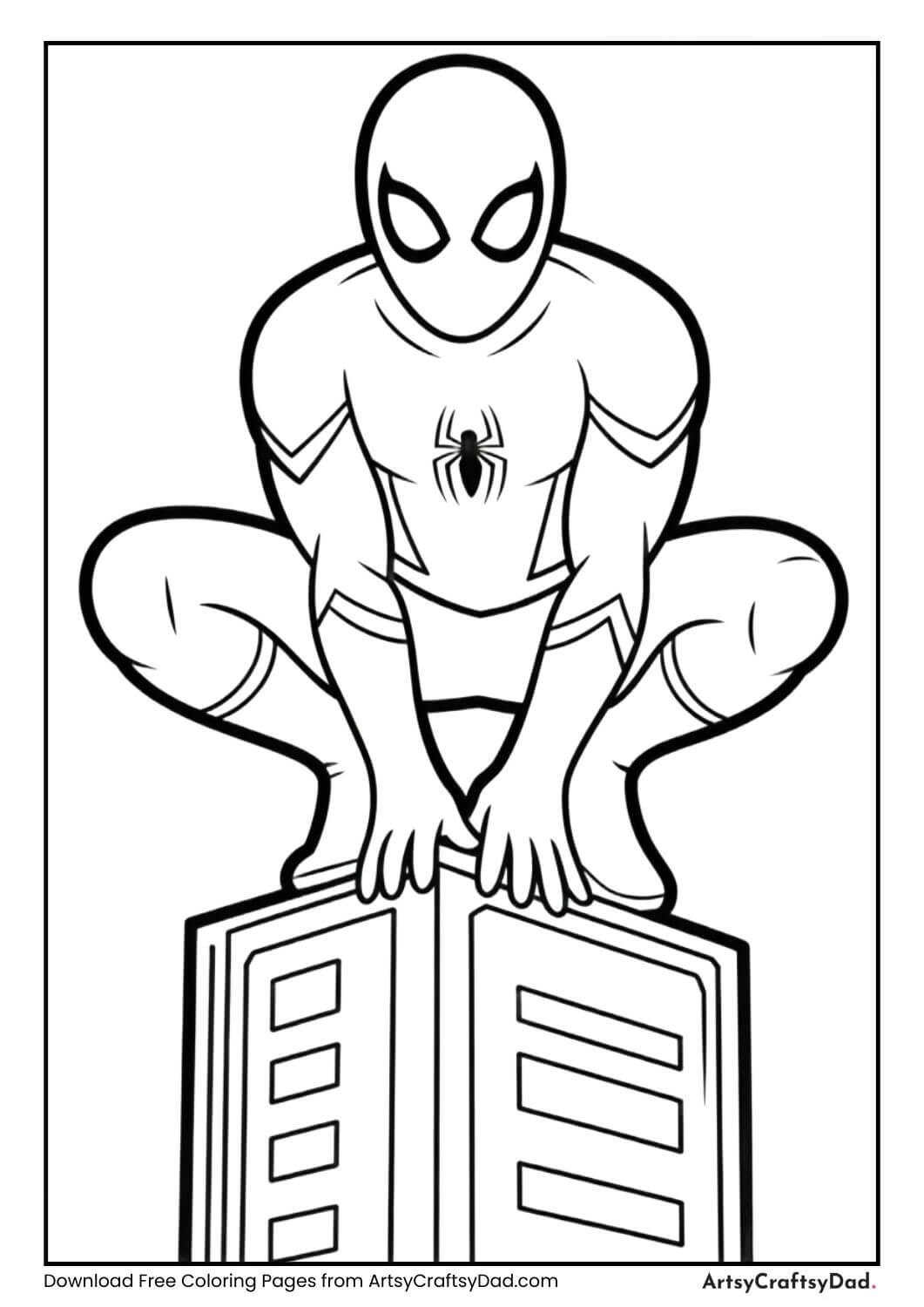 Spiderman crouching on skyscraper top coloring page