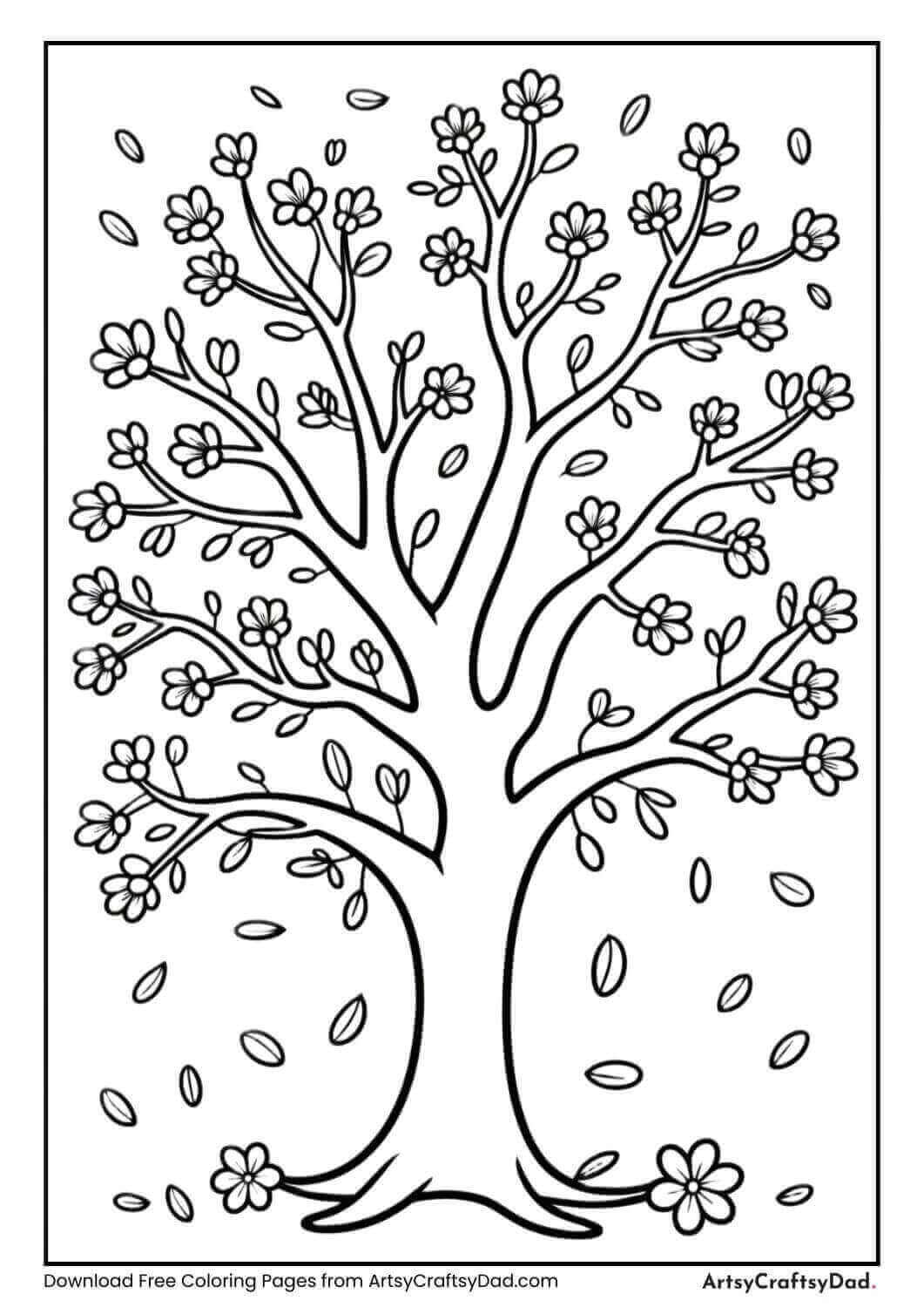 Spring tree with blossoms coloring page