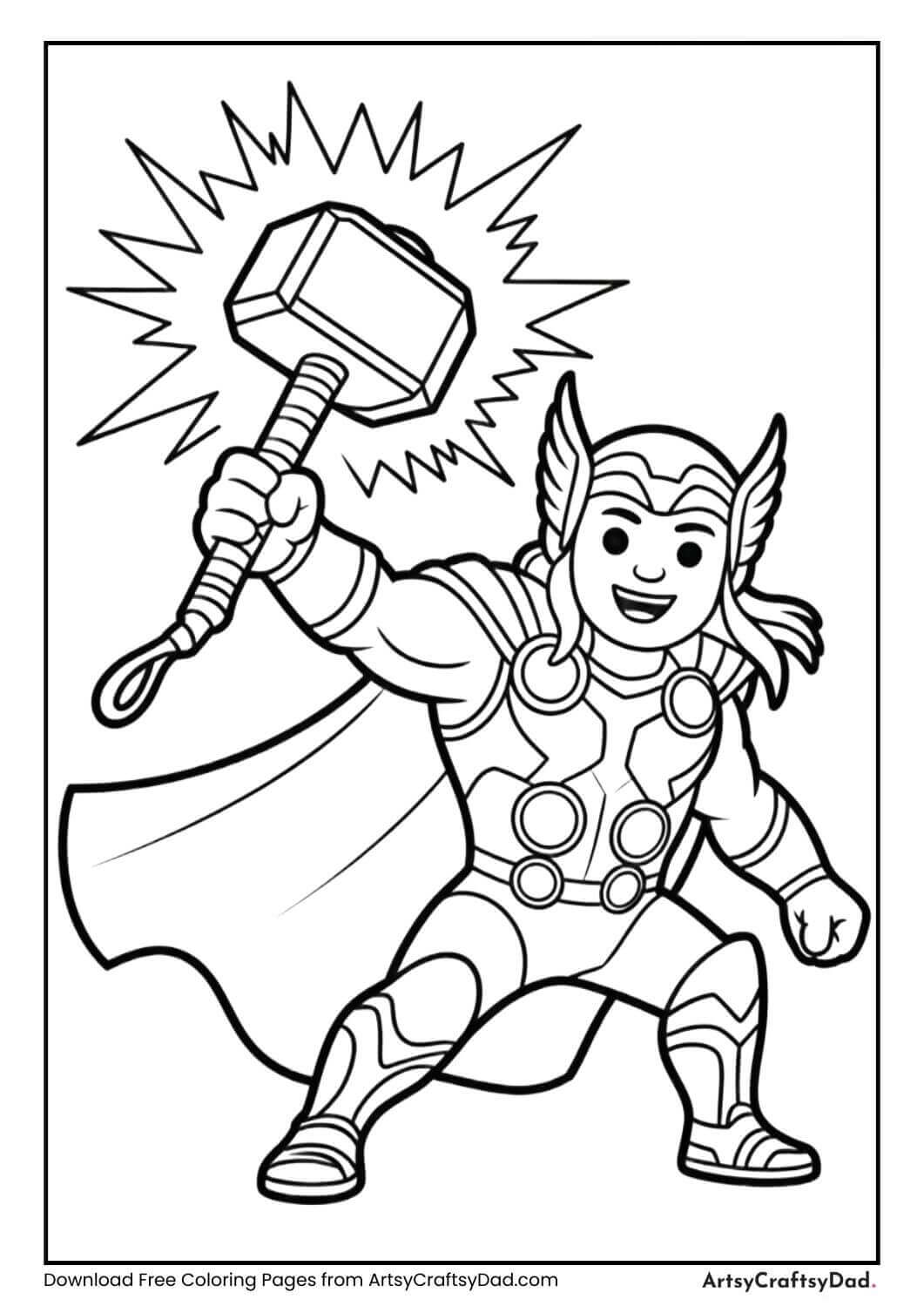 Thor swinging his hammer coloring sheet for kids