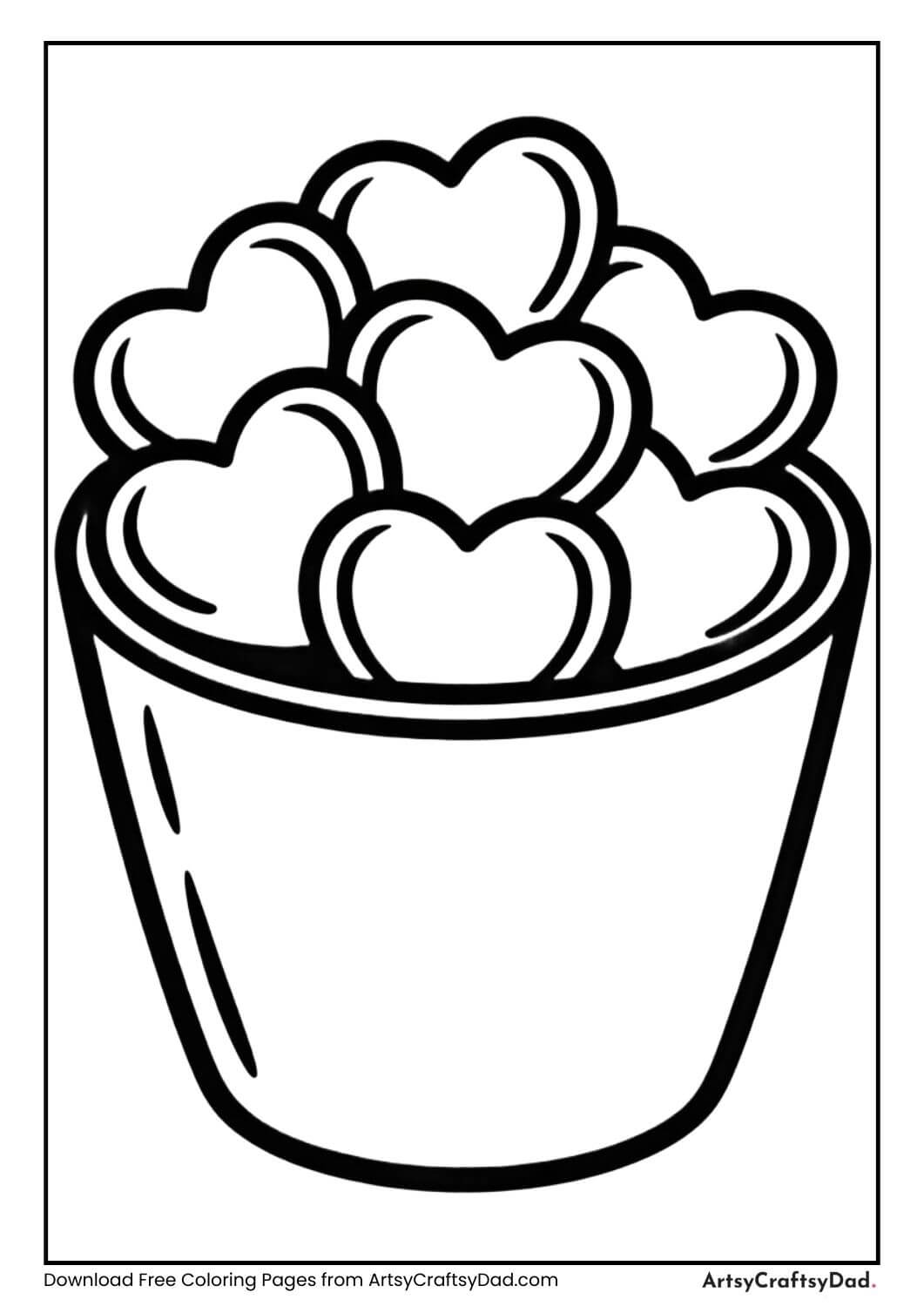 Cup filled with heart candies coloring page