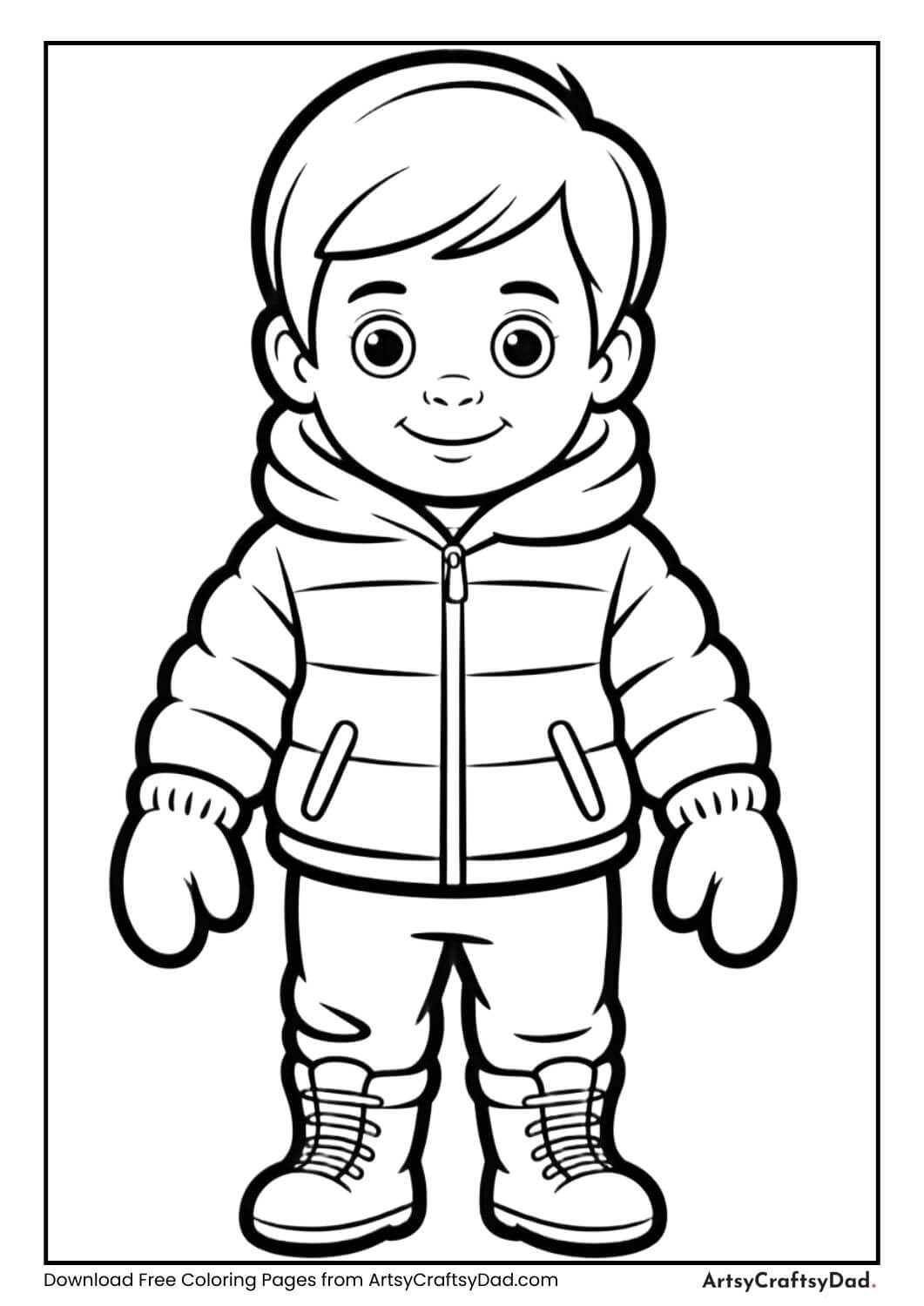 Child wearing winter clothes coloring page