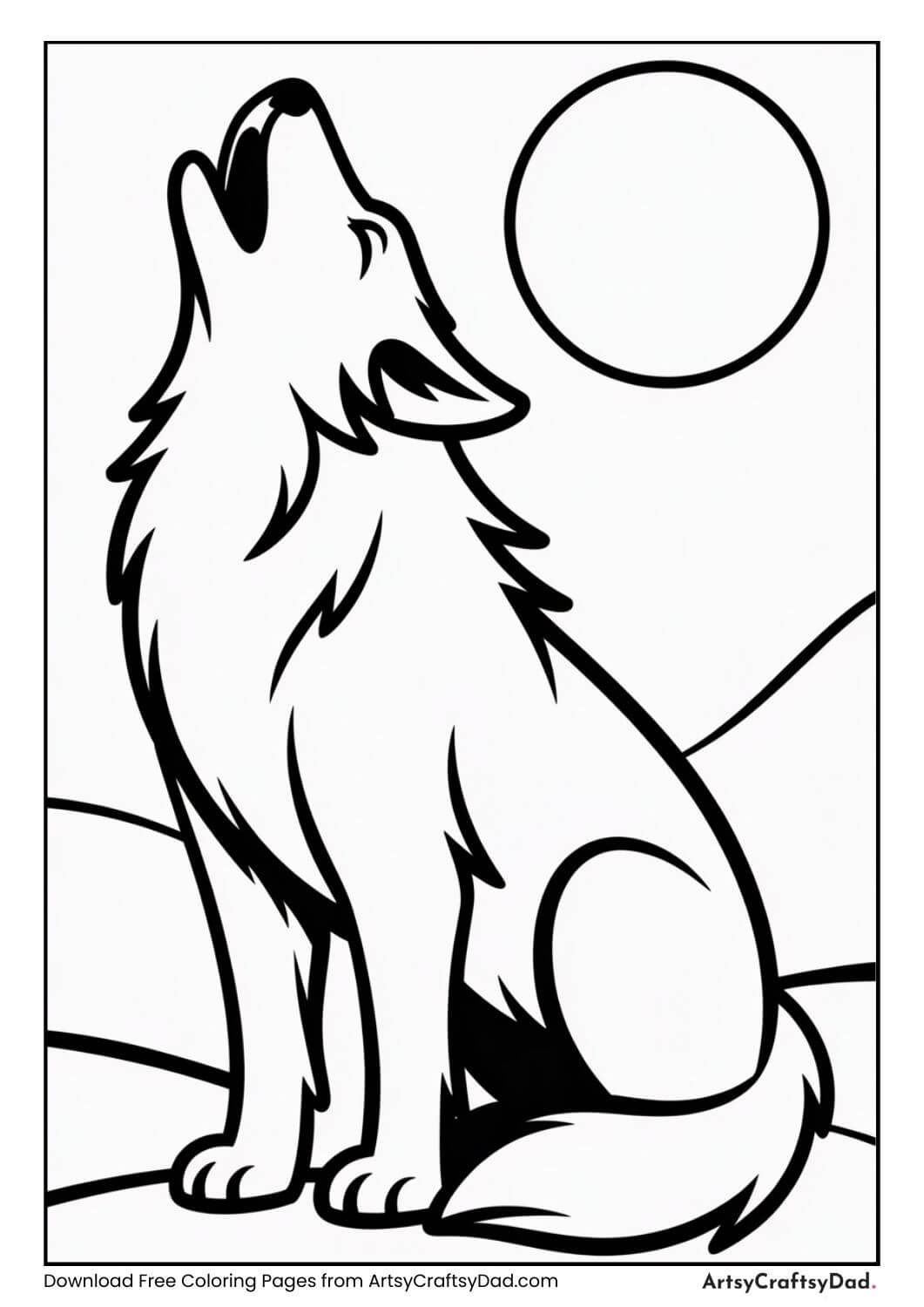 Wolf howling at the moon black and white coloring page