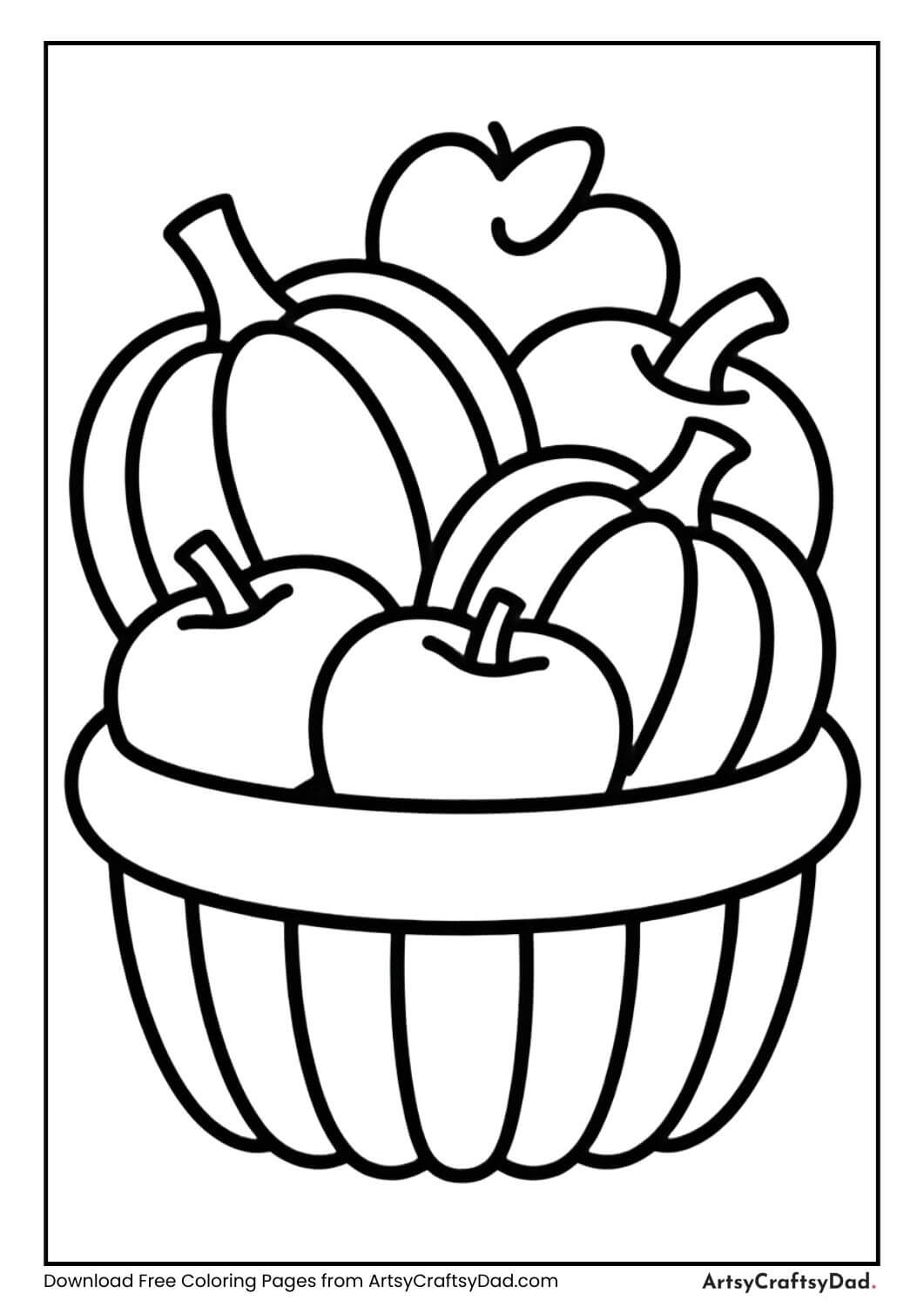 Basket filled with pumpkins and apples fall coloring page