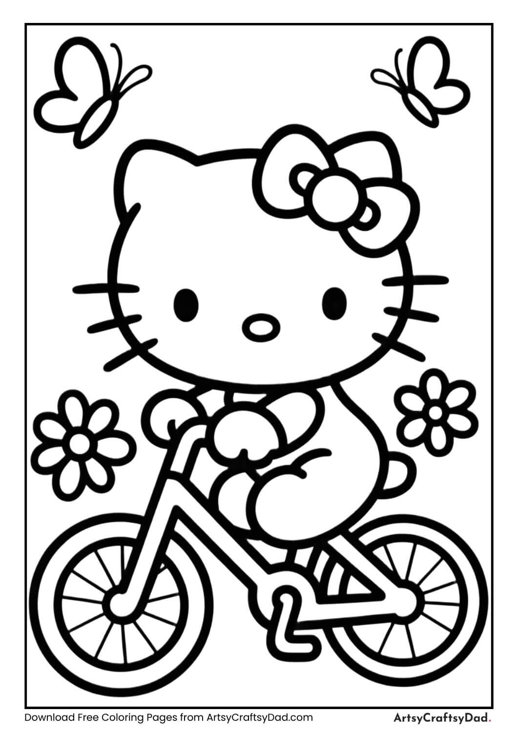 Hello Kitty riding a bicycle with flowers and butterflies coloring page
