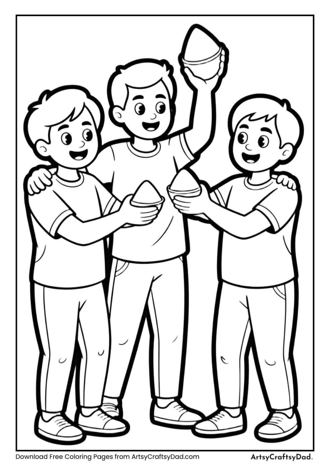 Kids dancing during Holi black and white coloring page