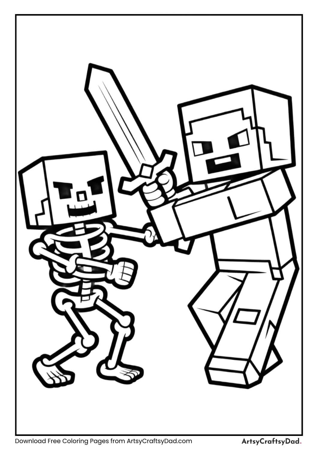 Steve fighting skeleton with sword coloring page