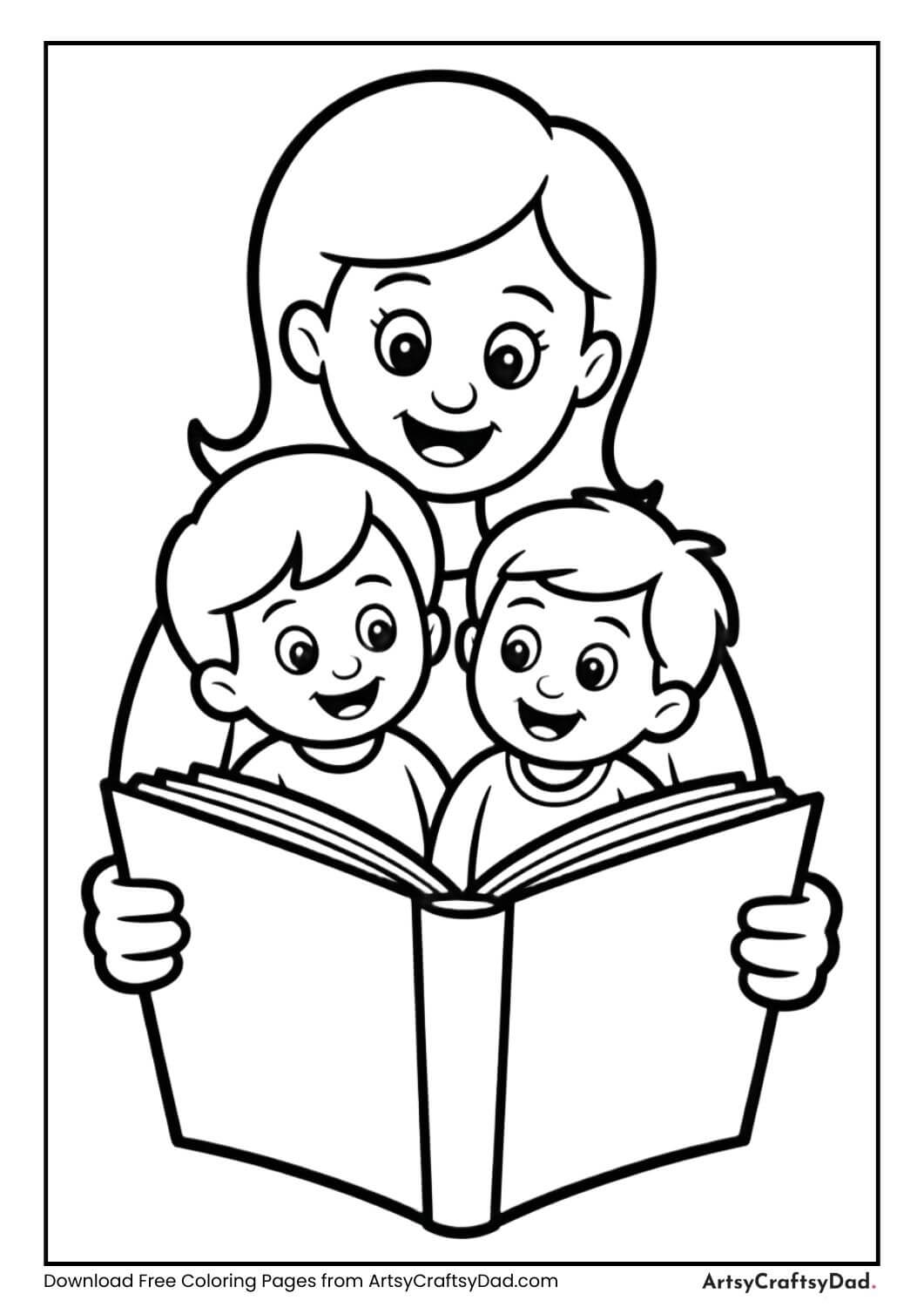 Mother reading book to child coloring page