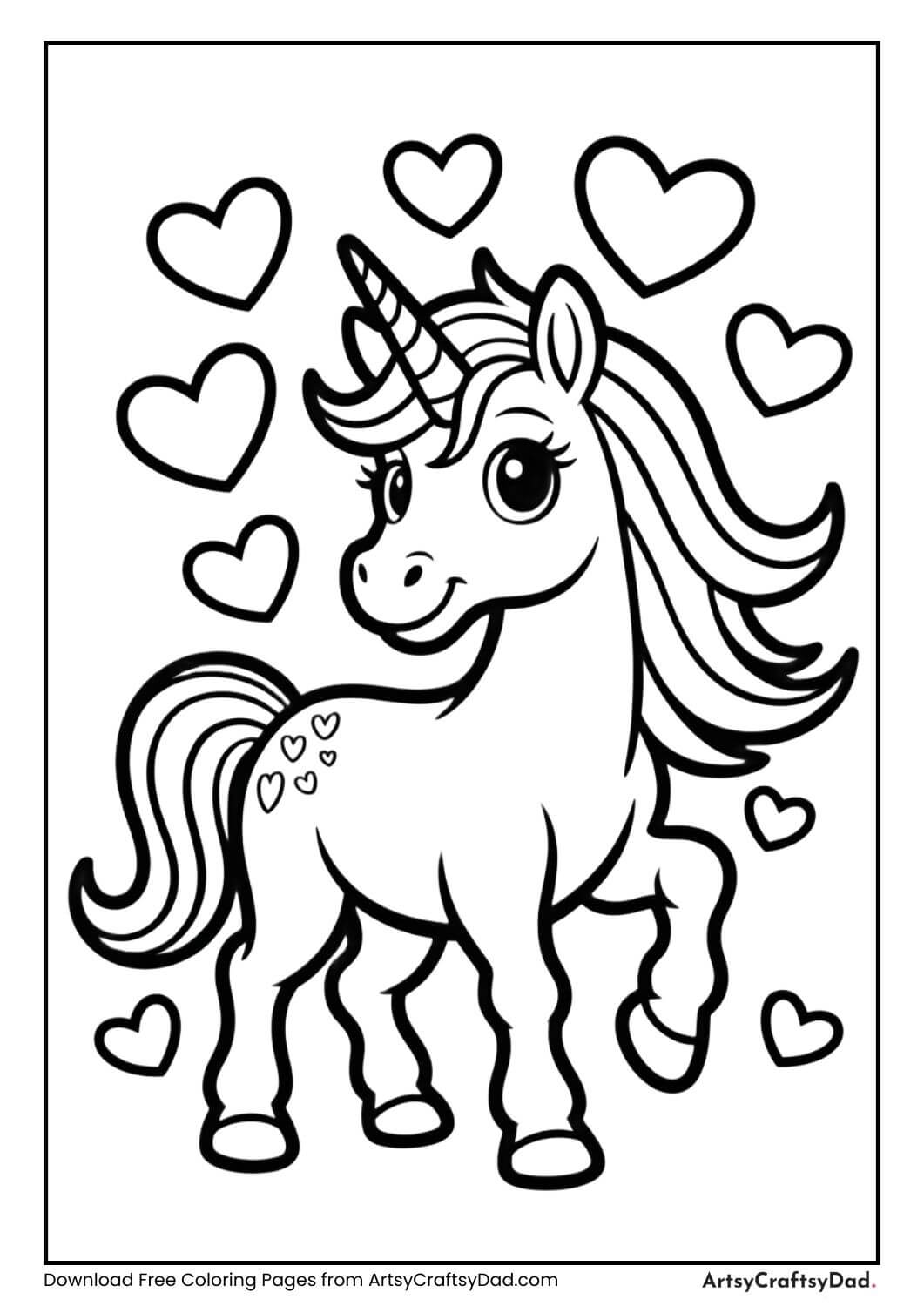 cute unicorn surrounded by hearts coloring sheet