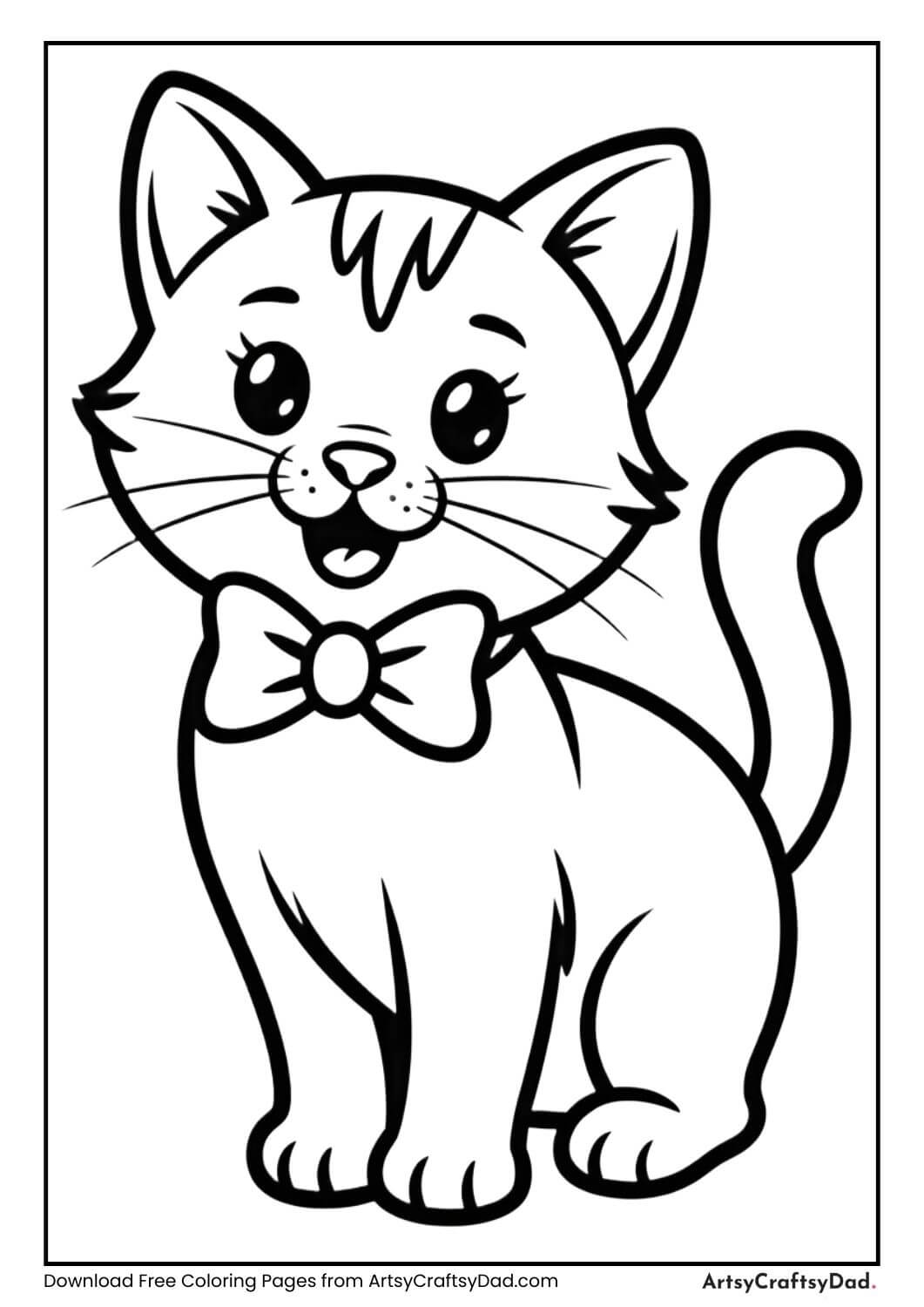 Cute cat wearing a bow coloring page