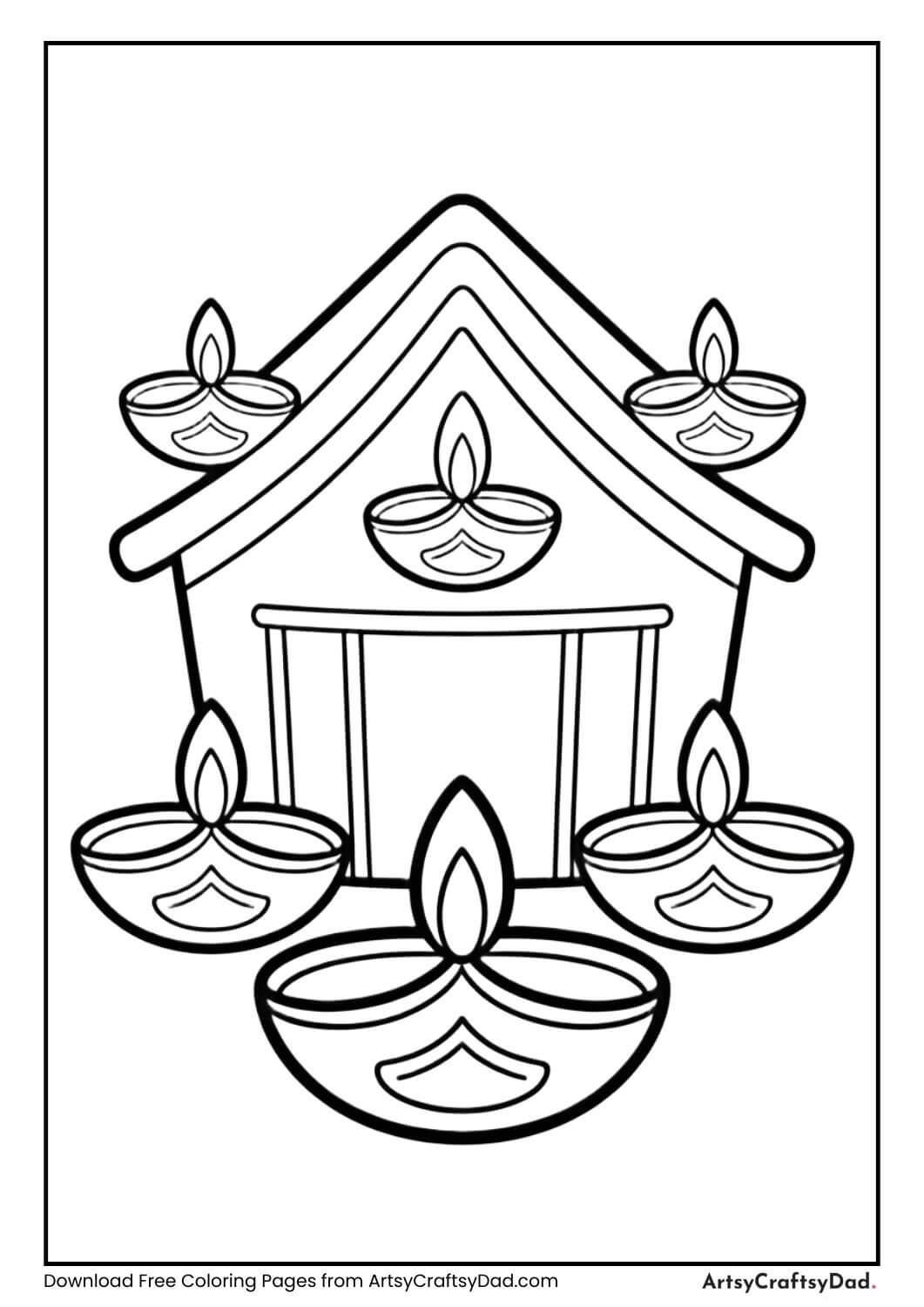House decorated with diyas Diwali coloring page