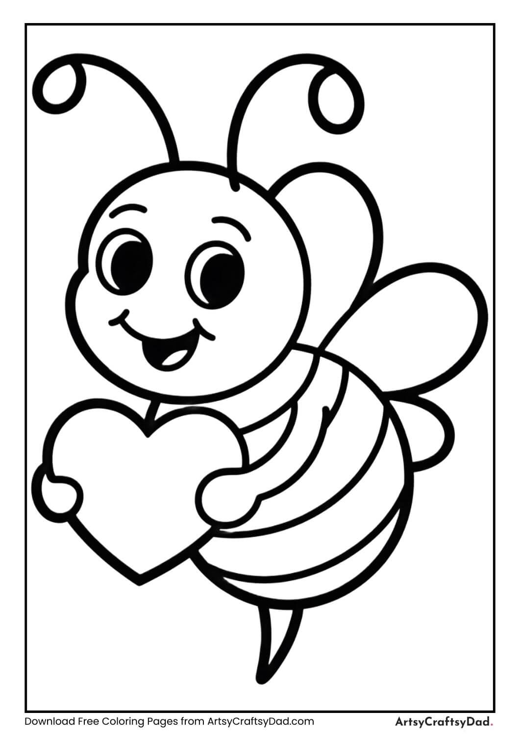 Cute bee holding heart Valentine coloring page