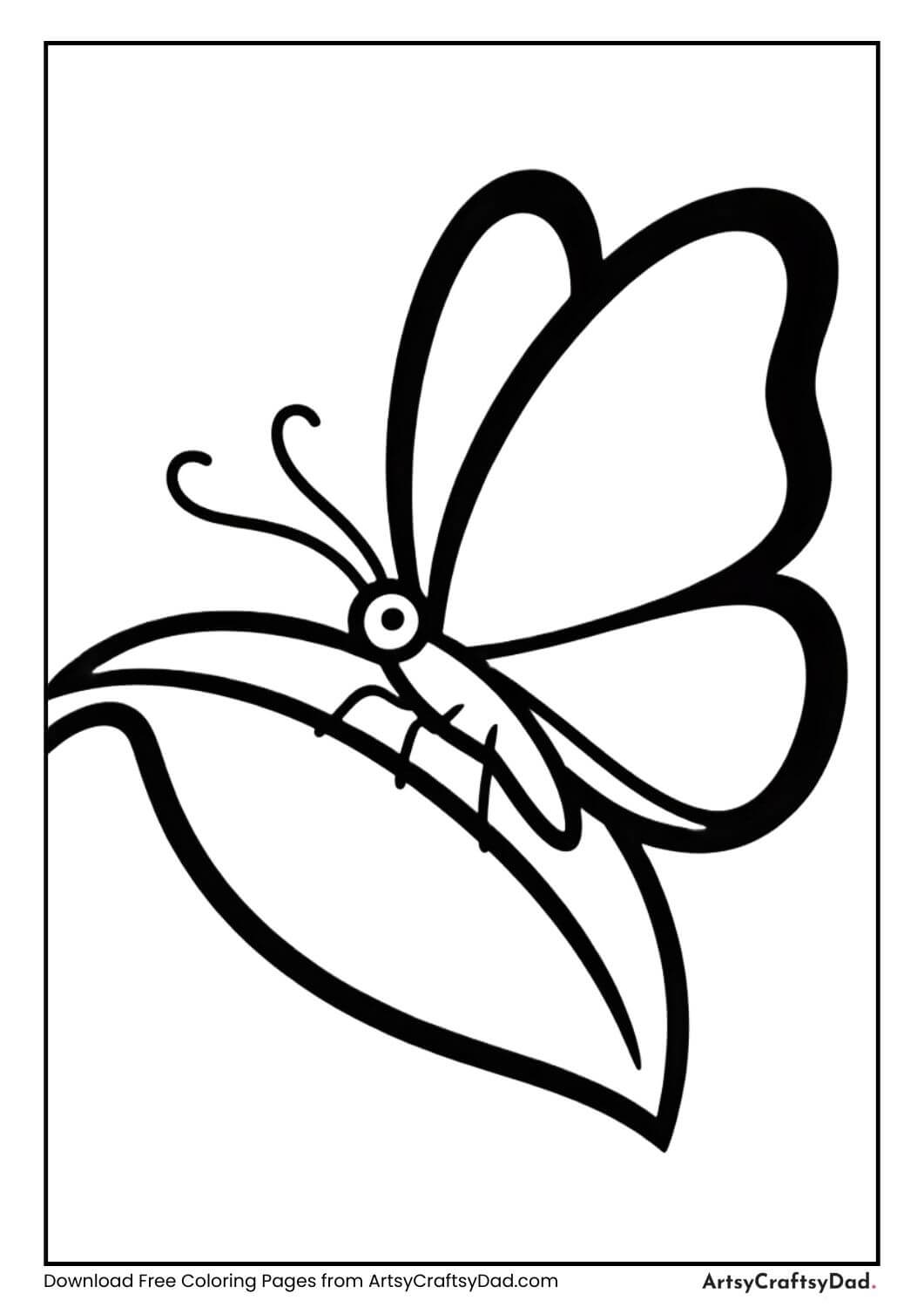 Butterfly resting on a leaf black and white coloring page