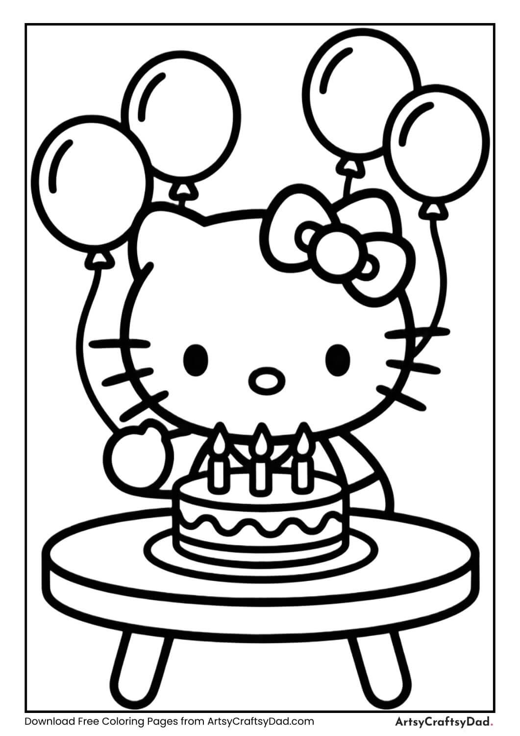 Hello Kitty at birthday party with cake and balloons coloring page