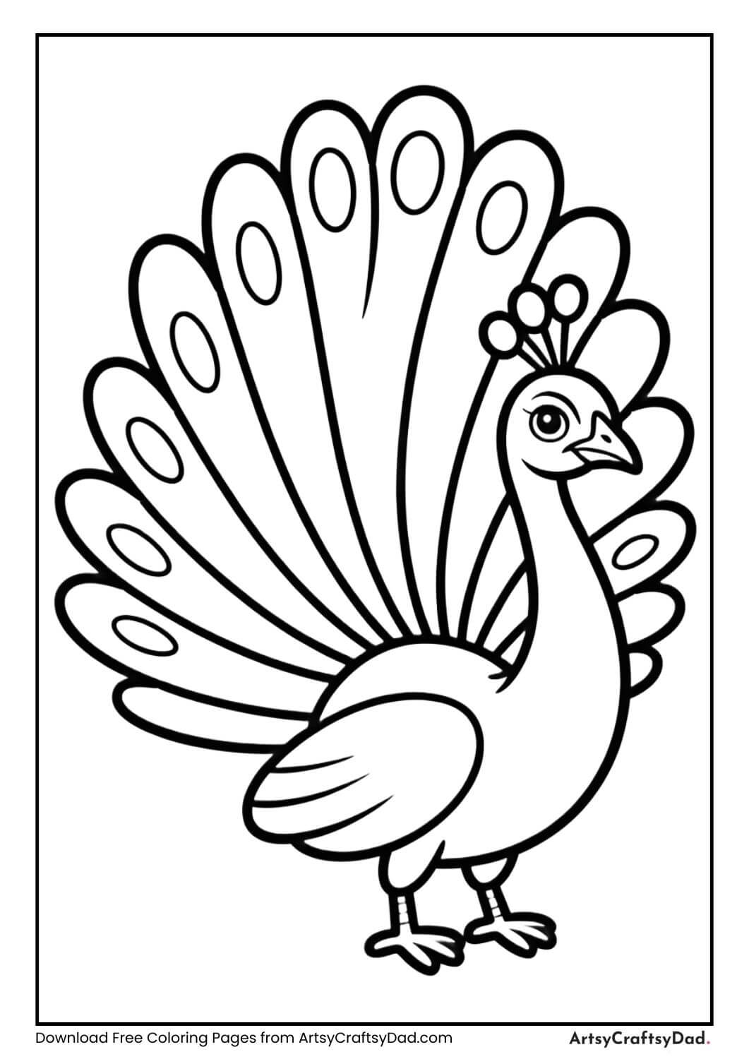 Simple peacock black and white coloring page for kids
