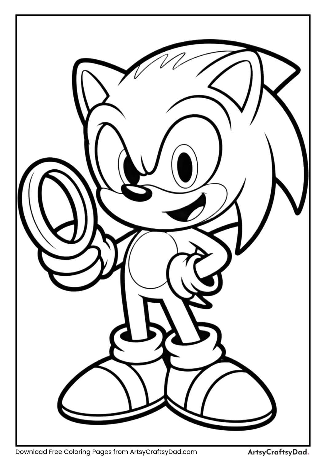 Sonic holding a golden ring coloring sheet for kids
