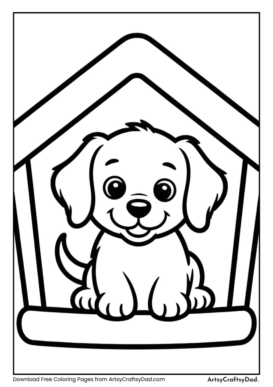 Dog sitting in doghouse coloring page