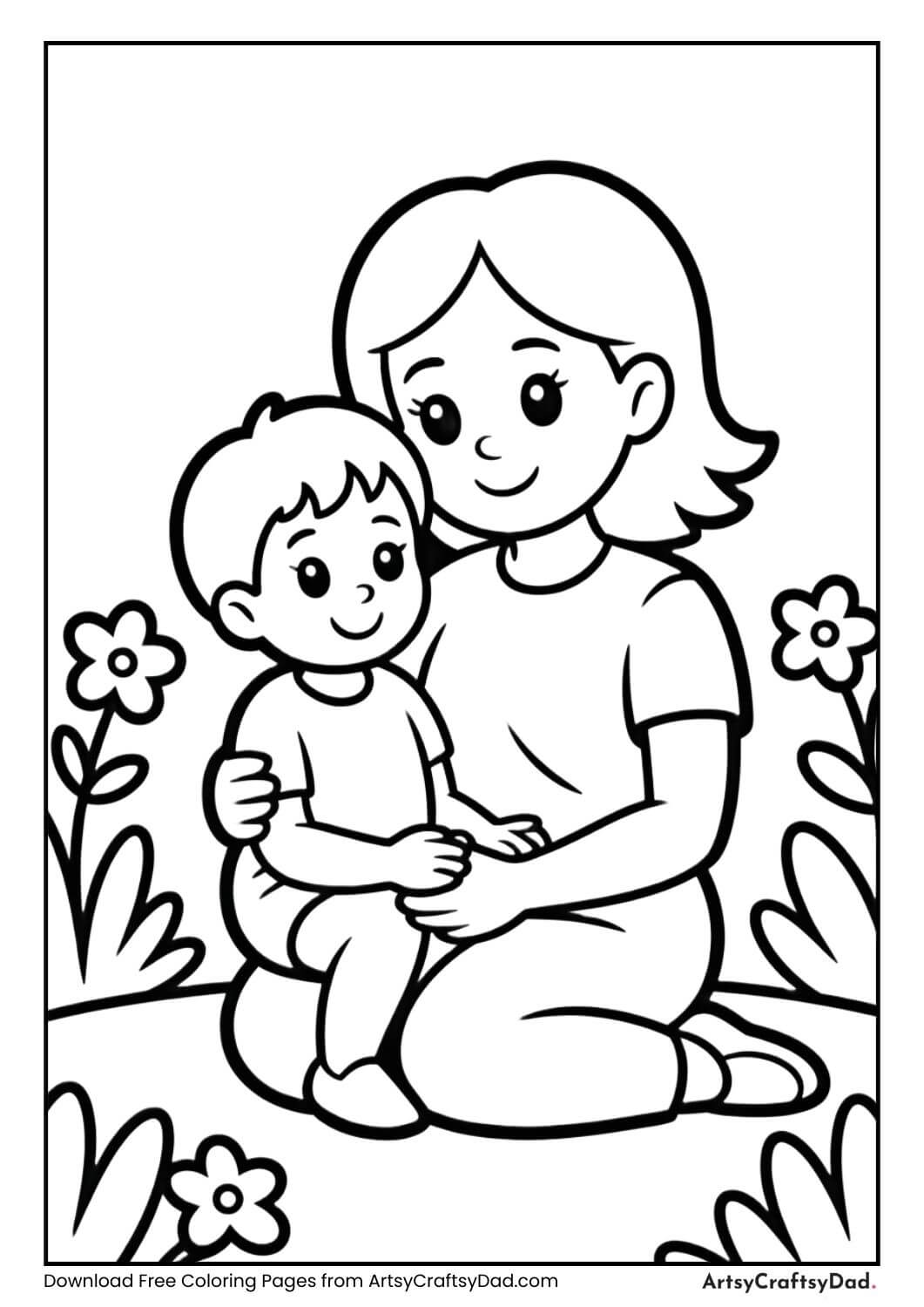 Mother and child garden coloring page