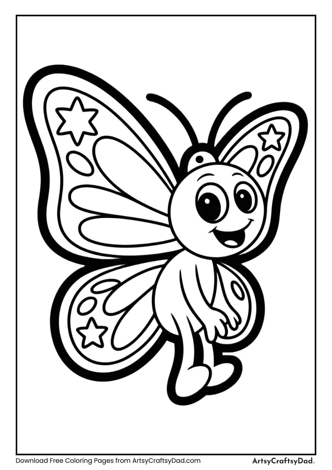 Cartoon butterfly with star patterns black and white coloring page