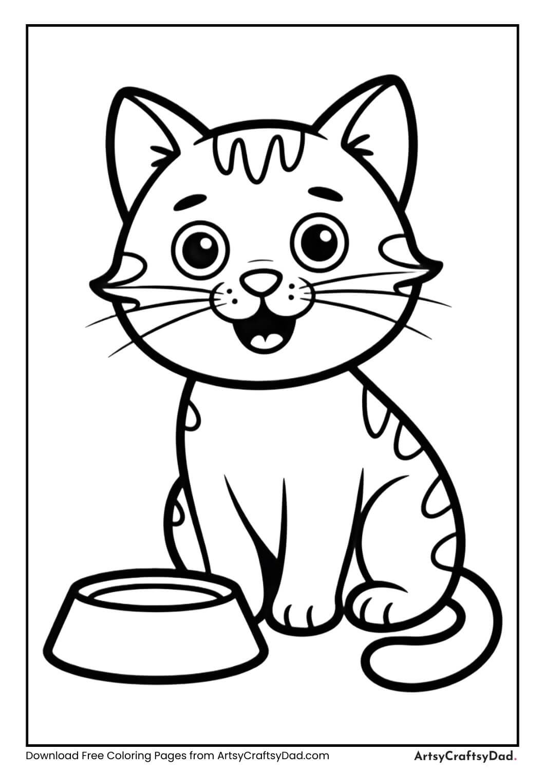 Cat sitting near food bowl coloring page