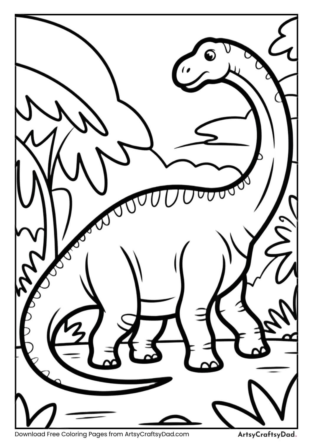 Diplodocus walking in jungle coloring page for kids