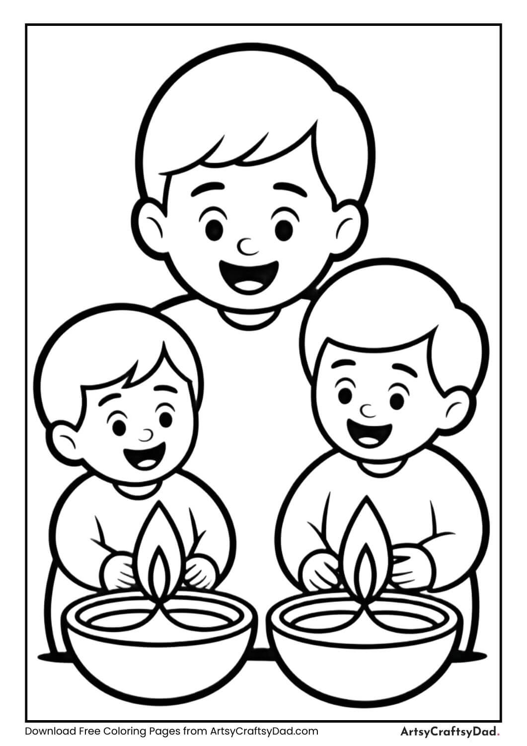 Family lighting diyas Diwali coloring page for kids