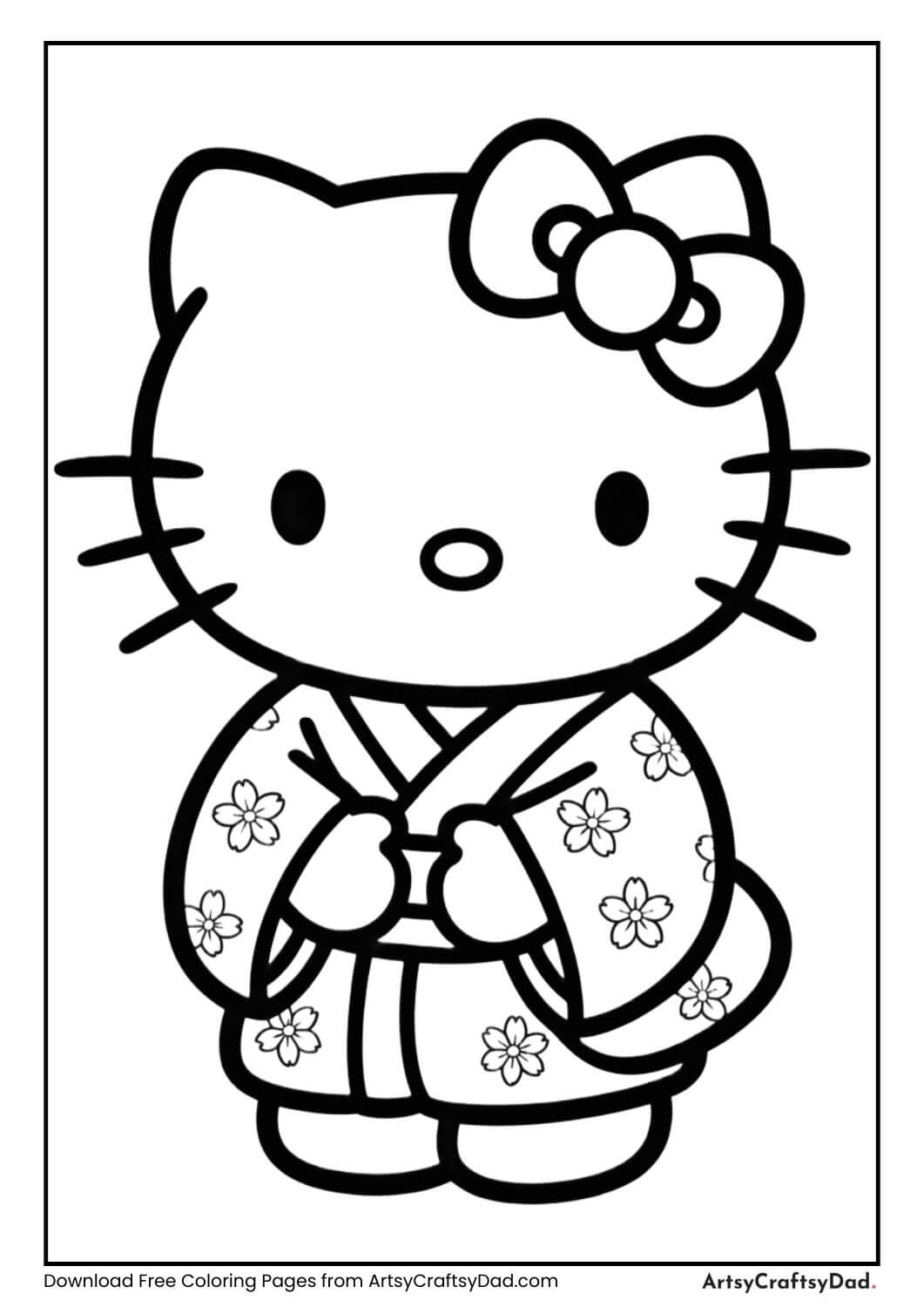 Hello Kitty wearing a kimono with cherry blossoms coloring page