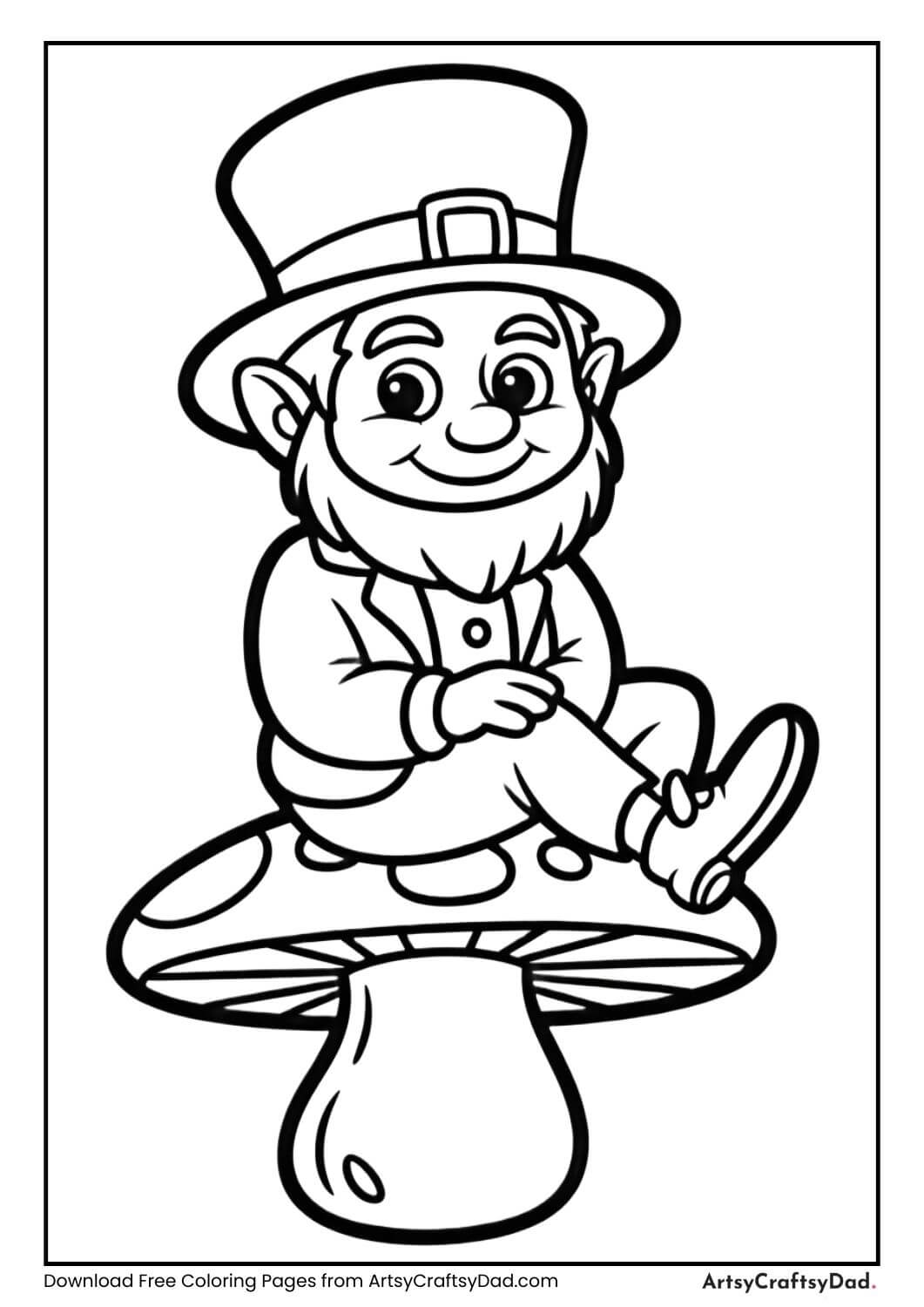 Leprechaun sitting on a mushroom coloring page