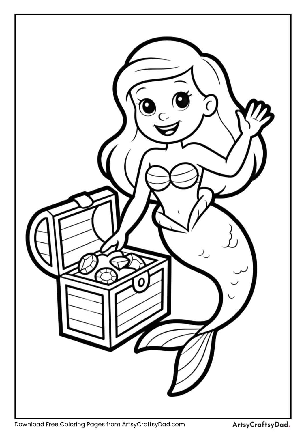 Mermaid and underwater treasure chest coloring sheet