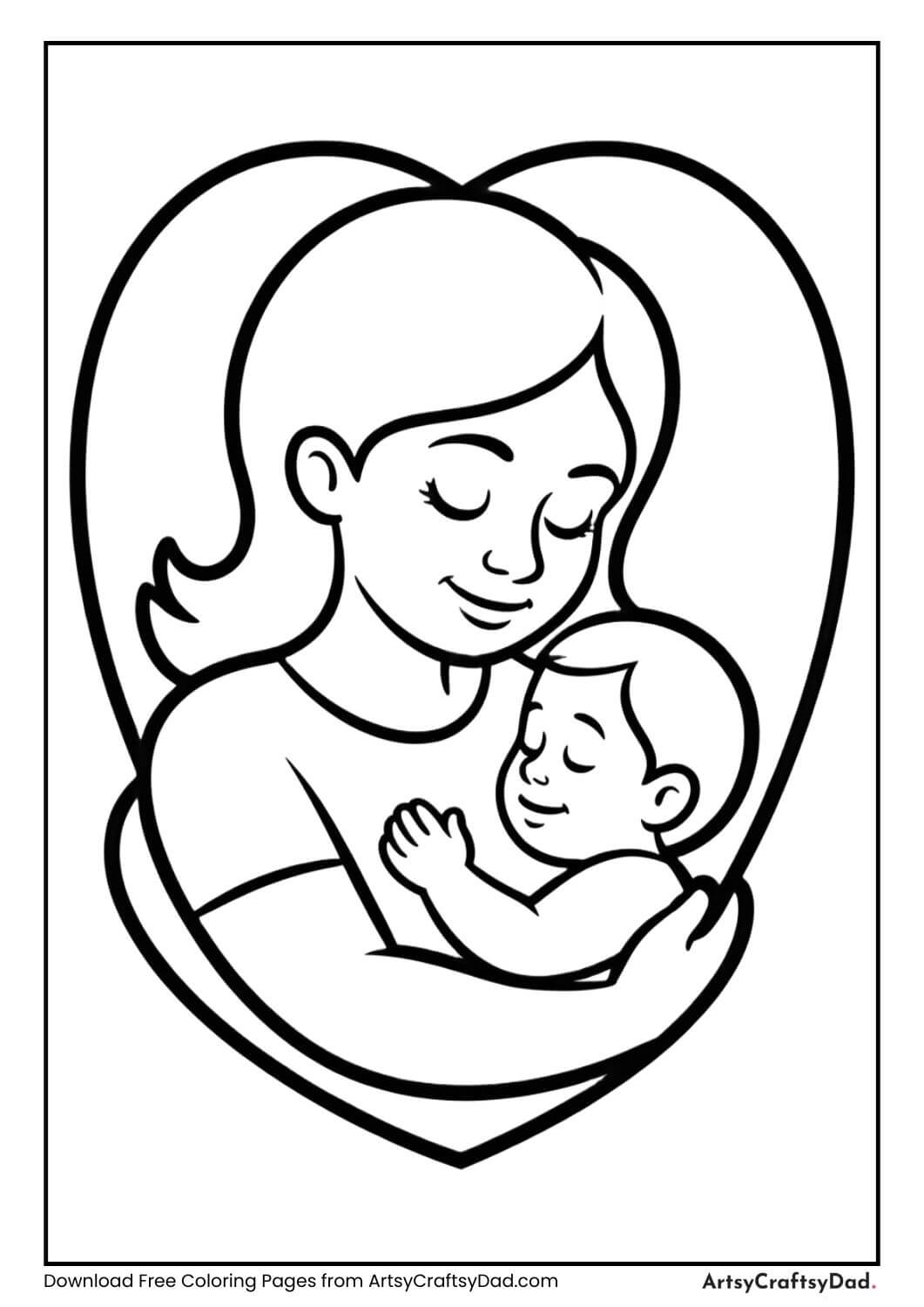 Mother holding baby heart frame coloring page