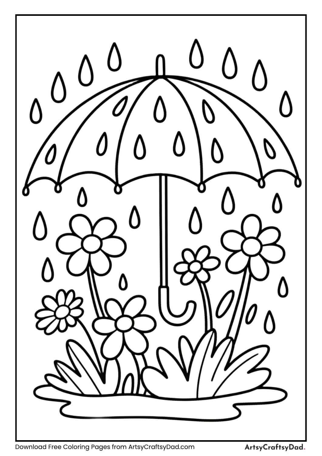 Umbrella with spring rain coloring page