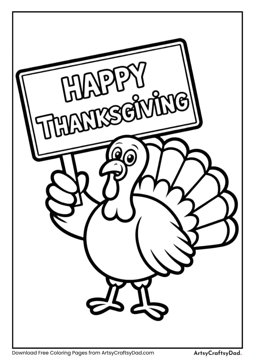 Turkey holding Happy Thanksgiving sign coloring page