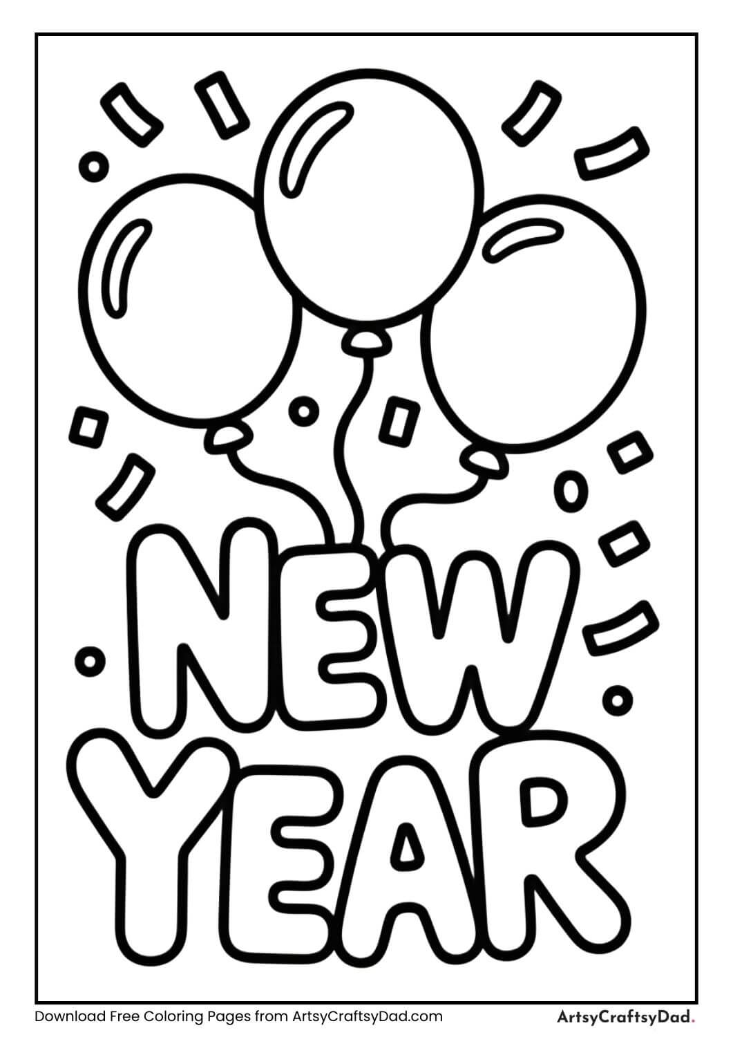 Black and white New Year coloring page with balloons and bold “New Year” text for kids to color