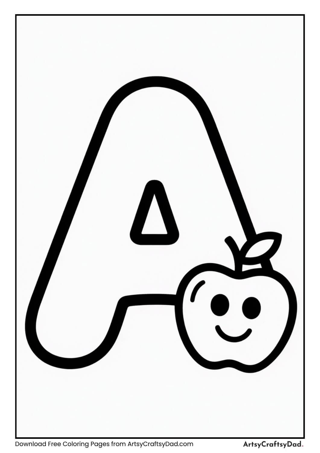Alphabet A coloring page with apple for kids