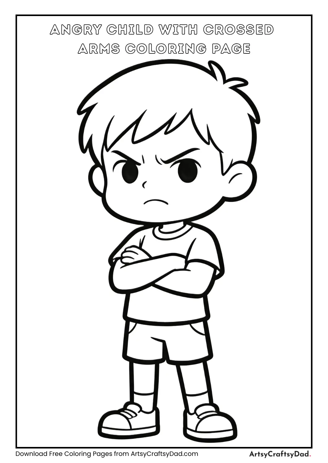 Black and white coloring page of an angry child with crossed arms