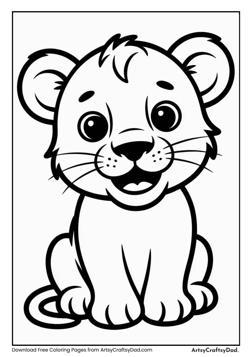 Baby lion black and white coloring page for kids